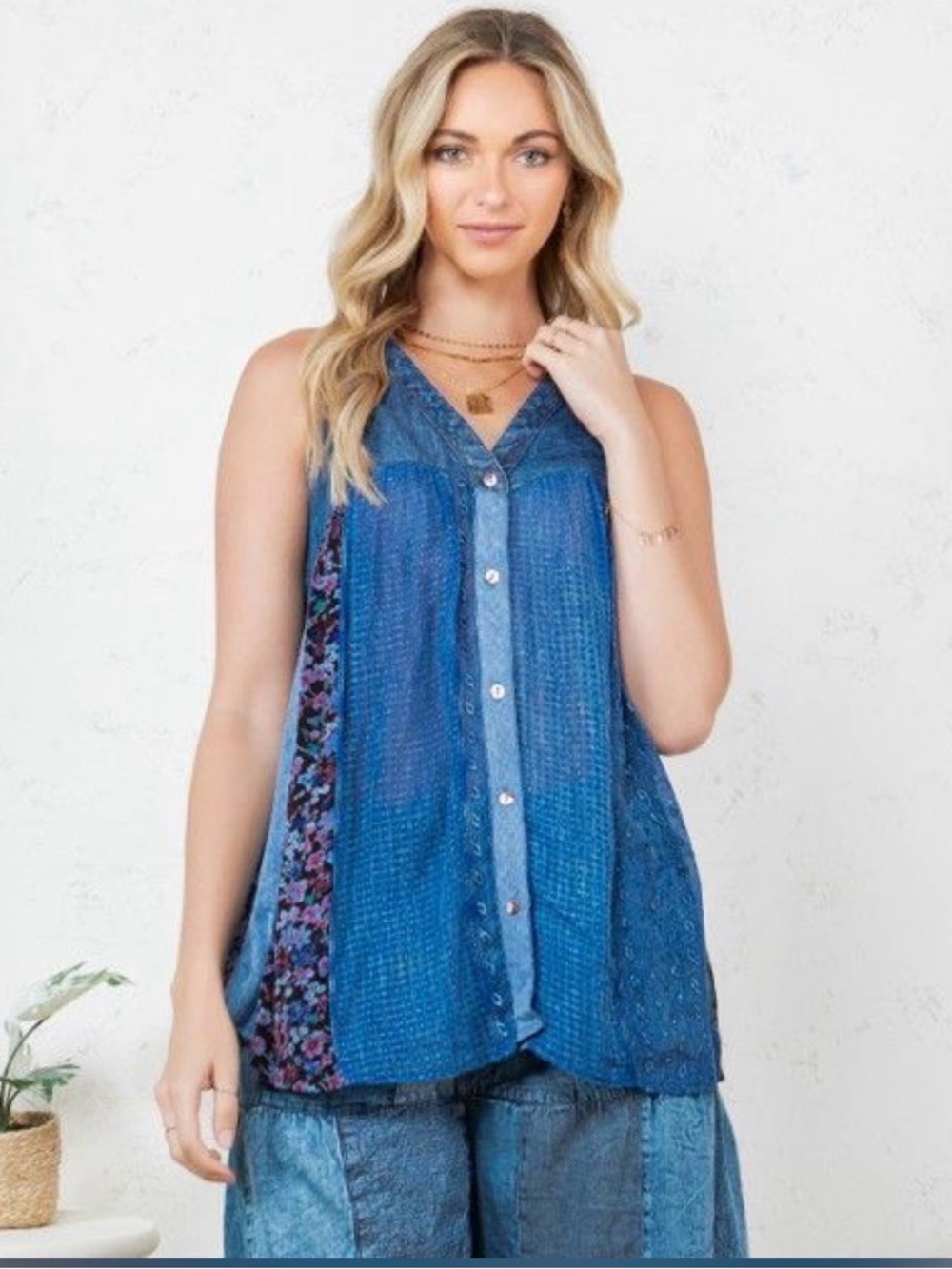 Young Threads Brand New!  Blue Patchwork Denim Sleeveless Top